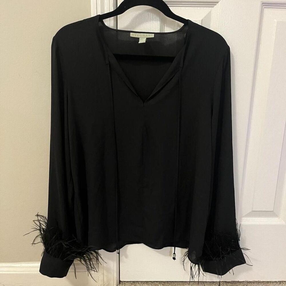 Ryegrass‎ Black Feather Cuff V Neck Blouse Rhinestone Tie Party Luxe Small NWT